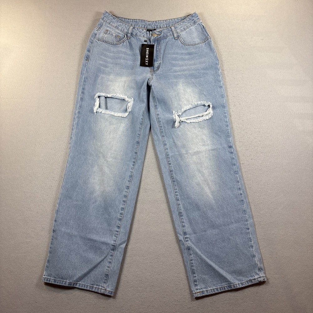 Shien Light Blue Wash Distressed Straight Leg Jeans Women's Size L NWT